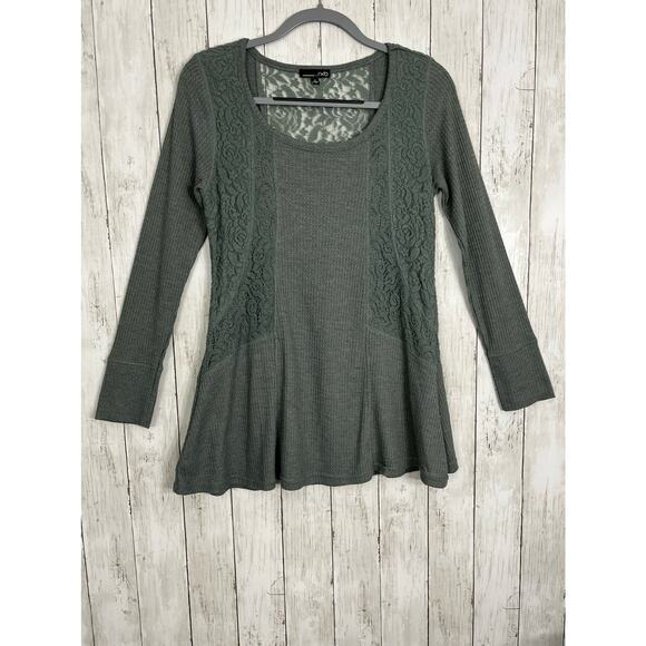 rxb Green Long Sleeve Crew Neck Lace Thermal Flowy Sweater Medium - Picture 1 of 8
